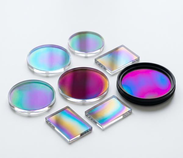 Assorted circular and square optical filters with rainbow-colored coatings on a white surface.
