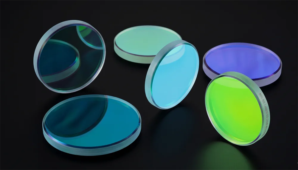 Five blue-green dichroic optical filters arranged artistically on a dark surface, some lying flat and others tilted upright, reflecting teal, cyan, and green hues under soft studio lighting.