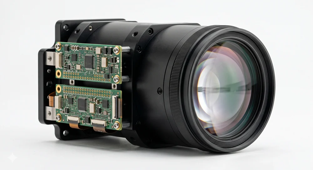Zoom camera module with a large lens and exposed circuit boards mounted on the side, photographed on a white background.